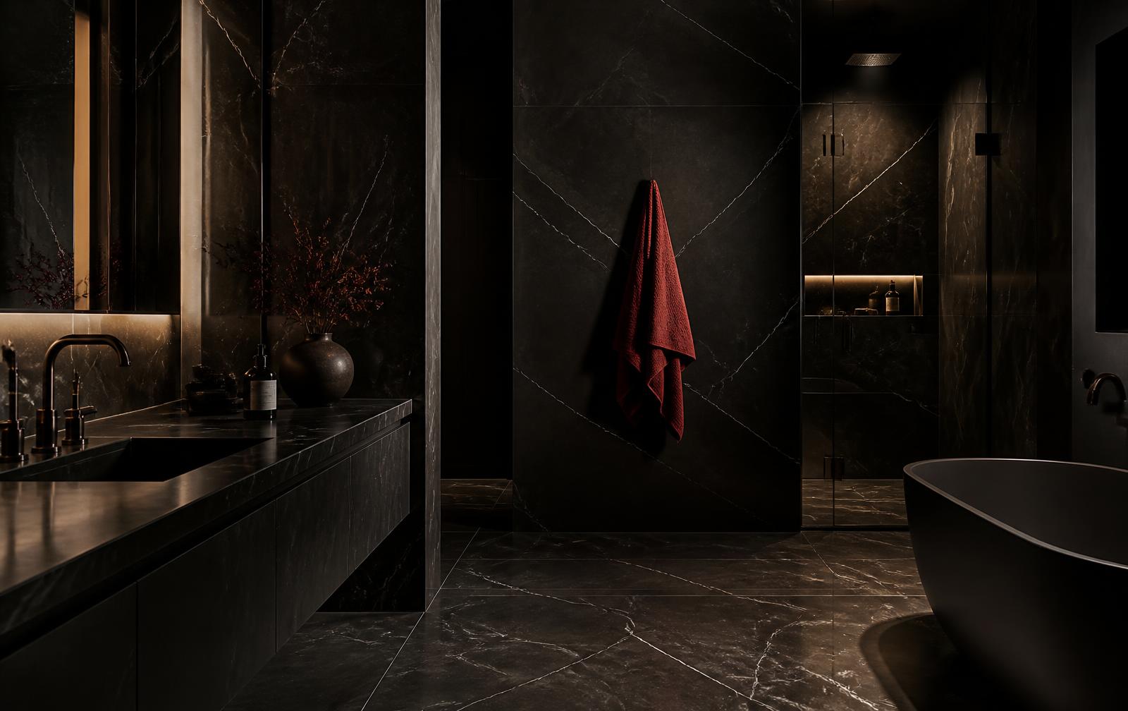 Dark marble tiled bathroom installed by Flores Tiling Co.